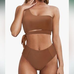 TWO PIECE ONE SHOULDER BIKINI HIGH WAISTED HIGH COVERAGE LARGE